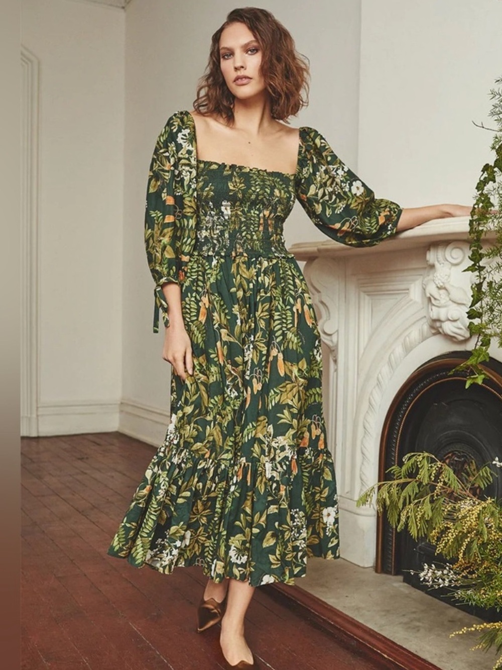 Cara Cara Floral Puff Sleeve Midi Dress in Dark Green Size XL
